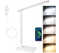 Akynite Lampe de Bureau LED avec 2A Adaptateur, 5 Couleur 10 Niveaux de Luminosité, Lampe de Chevet Dimmable Tactile avec Timer Fonction Mémoire, Port USB-C, pour Lecture Travail, Blanc