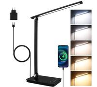 Akynite Lampe de Bureau LED avec 2A Adaptateur, 5 Couleur 10 Niveaux de Luminosité, Lampe de Chevet Dimmable Tactile avec Timer Fonction Mémoire, Port USB-C, pour Lecture Travail, Noire