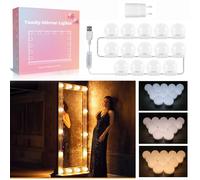 Akynite Lumière de Miroir Kit de 14 Ampoules avec Adaptateur, USB Câble Réglable, 3 Couleurs et 10 Intensités, Miroir LED Hollywood Dimmable, Lampe Coiffeuse Maquillage Make Up Eclairage Adhesif