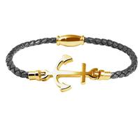 Akzent Bracelet en cuir véritable gris, tressé, avec ancre en acier inoxydable, doré.
