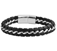 Akzent Bracelet tressé en Acier Inoxydable et Cuir véritable Noir Argent