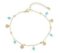 Akzent Chaîne de cheville pour femme en acier inoxydable doré plaqué ionique 21,5 + 5 cm réglable - Bracelet de cheville avec boules turquoises et plaquettes en acier inoxydable