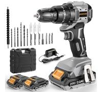 AKZWOXRO Perceuse Visseuse Sans Fil 21V, Brushless Visseuse Devisseuse avec 2 Batteries 2.0Ah, 45N.m Percussion, 20+3 Réglages de Couple, 14 Accessoires, 2 Vitesses, pour la Bricolage, Gris