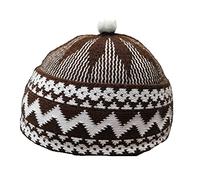 AL ITTIHAF Casquette Zigzag HAJI pour homme - Kufi toutes saisons prière musulmane Topi Bonnet Couronne avec boule blanche - Extensible Taille unique, marron, Taille unique