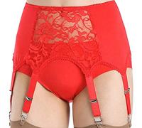 Alacki Porte-jarretelles rétro à panneau de dentelle florale ajouré creux style court 6 bretelles suspendues, Rouge, XXX-Large