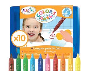 Aladine - 10 Crayons de Bain - Colors Bath - Feutres de Bain Effaçables - Pour Dessiner & Écrire - Avec Mallette de Rangement - Faciles à Nettoyer - Jeu de Bain Enfant 3 ans - 42032