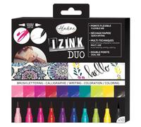 Aladine - 10 Feutres Brush Lettering - Feutres Double Pointe : Fine & Pinceau - Feutres pour Calligraphie, Bullet Journal & Coloriage Adulte - Couleurs Vives - Mandala Dessin - Izink Duo - 85530