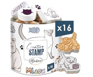 Aladine-16 Tampons Chats avec Encreur - en Mousse & Caoutchouc - pour Carterie, Bullet Journal, Scrapbooking, Loisirs, Dessin - Creative Stamp - Idée Cadeau Enfant Adulte, 03714