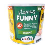 Aladine - 17 Tampons Animaux de la Savane avec Encreur Noir - Tampons Enfant dès 6 ans - Stampo Funny - Encre Lavable - Activité Manuelle Dessin - Lion Singe Rhino - Cadeau Fille Garçon