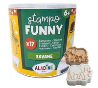 Aladine - 17 Tampons Animaux de la Savane avec Encreur Noir - Tampons Enfant dès 6 ans - Stampo Funny - Encre Lavable - Activité Manuelle Dessin - Lion Singe Rhino - Cadeau Fille Garçon
