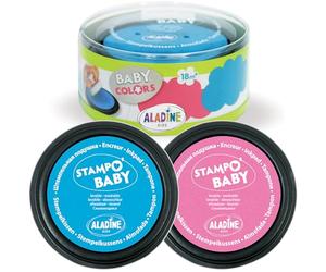 Aladine - 2 Encreurs XXL Bleu & Rose - Pour Tampons Bébé - Grande Taille - Pour Enfant 2 ans - Encre Lavable - Dès 18 mois, Rose & Turquoise