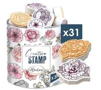 Aladine - 31 Tampons Fleurs avec Encreur Noir - pour Personnaliser Cartes, Invitations - Scrapbooking, Bullet Journal, Motifs Floraux Nature Rose Floral - Creative Stamp - 03750