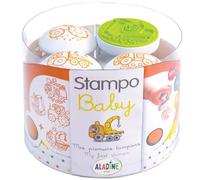 Aladine - 4 Tampons Véhicules avec Encreur - Tampons Bébé Enfant 2 & 3 ans - Stampo Baby Engins - Encre Lavable - Tracteur Camion Pompier Construction Cadeau - Dès 18 mois - 03808