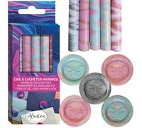 Aladine - 5 Bâtons de Cire à Cacheter Marbrée « Brume Poudrée » - Pour Pistolet à Cire - Sceau de Cire - Coloris Pastel - Idéal Faire Part Mariage, Baptême, Naissance, Carterie - Bleu, Rose - 72458