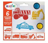 Aladine - 6 Pochoirs Enfants Véhicules - 15 x 12,5 cm - Pour Décoration Toutes Surfaces - Pochoir Feutres, Peinture, Airbrush - Dessin A4 Voiture Police Pompiers Construction - 81392