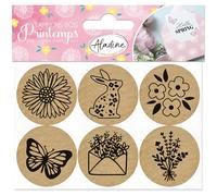 Aladine - 6 Tampons Bois Printemps - Tampons pour Scrapbooking, Carterie, Loisirs Créatifs, Décoration, Cadeaux - Fleurs, Papillon, Lapin - 01911