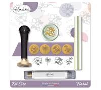 Aladine - Kit de Cire à Cacheter Floral - Scrapbooking et Carterie Créative - Cire + Manche + Batonnet Encreur de Finition + 4 Sceaux Thématiques en Laiton