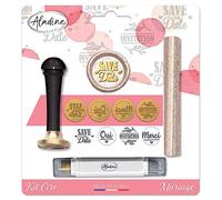 Aladine - Kit de Cire à Cacheter Mariage - Scrapbooking et Carterie Créative - Cire + Manche + Batonnet Encreur de Finition + 4 Sceaux Thématiques en Laiton