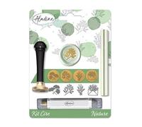 Aladine - Kit de Cire à Cacheter Nature - Scrapbooking et Carterie Créative - Cire + Manche + Batonnet Encreur de Finition + 4 Sceaux Thématiques en Laiton