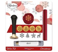 Aladine - Kit de Cire à Cacheter Noël Motifs - Scrapbooking et Carterie Créative - Cire + Manche + Batonnet Encreur de Finition + 4 Sceaux Thématiques en Laiton