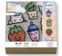 Aladine - Kit Pixel Art Kawaii - Chat, Cactus, Fraise & Bubble Tea - 4 formes en Bois + Carreaux Adhésifs - 85614