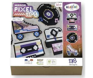 Aladine - Kit Décorations Pixel Art « Rétro » - Kit Créatif Mosaique - Carrés Adhésifs Effet Miroir - Vinyle, Appareil Photo, Roller, K7 - Formes en Bois - Peinture Loisirs Créatifs - 85612