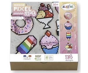 Aladine - Kit Décorations Pixel Art « Sweets » - Kit Créatif Mosaique - Carrés Adhésifs Effet Miroir - Glace, Donut, Cupcake, Esquimau - Formes en Bois - Peinture Loisirs Créatifs - 85613