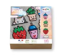 Aladine - Kit Pixel Art Kawaii - Chat, Cactus, Fraise & Bubble Tea - 4 formes en Bois + Carreaux Adhésifs - 85614