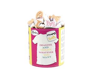 Aladine - Stampo Textile Alphabet Sketch - Kit de 38 Tampons pour Tissu - Encreur Inclus - Fixation au Fer à Repasser - Lavable en Machine - Motifs Lettres et Chiffres