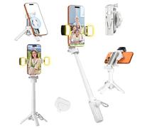ALAFLY Mini Selfie Stick Trépied Magnétique avec 2 Lumières, 4-en-1 Selfie Stick Portable Télescopique Rotation 360°, Télécommande Bluetooth Amovible, pour iPhone/Android Vlog Vidéo, Blanc