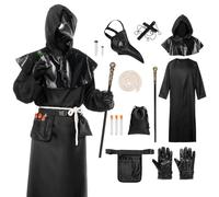 Alaiyaky Costume de docteur de peste, costume de docteur de peste, tenue pour homme, avec masque de docteur de peste, collier, croix, ceinture, sac, costume de carnaval pour adulte (noir, taille XL)