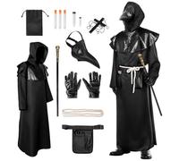 Alaiyaky Costume du Médecin de Peste, Déguisement Carnaval Adulte avec Masque à Bec Gants Sceptre Collier Sac Corde, 8Pcs Costume Carnaval Costume Medieval pour Halloween Fête d'Horreur (Noirs, L)