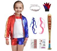 Alaiyaky Costume Harley pour femme, costume de clown Quinn avec gants, collier, perruque, bas, autocollant, ballon, tenues cool pour fille, pour carnaval, Halloween (fille, 150)