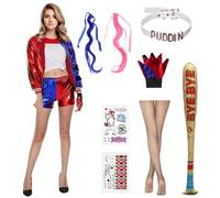 Alaiyaky Costume Harley Quinn Cosplay pour femme, déguisement de clown avec gants, collier, perruque, bas, autocollants et ballon, tenue cool pour filles pour Carnaval Halloween (Femme, XL)