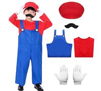 Alaiyaky Costume Mario pour enfant - 6 pièces - Costume Mario et Luigi avec t-shirt, salopette, chapeau, gants, barbe - Tenue de super plombier pour carnaval, Halloween (rouge, taille S)