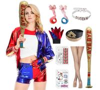 Alaiyaky Déguisement Quinn Costume Harley, Deguisement Carnaval Femme Quinn Costume avec Veste T-Shirt Short Gant Perruque Ceinture Ballon Bas Tatouage, Deguisement Harley pour Halloween (Femme, XL)