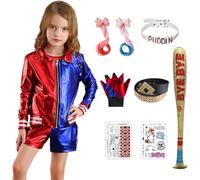 Alaiyaky Déguisement Quinn Costume Harley, Deguisement Carnaval Femme Quinn Costume avec Veste T-Shirt Short Gant Perruque Ceinture Ballon Bas Tatouage, Deguisement Harley pour Halloween (Fille, 150)