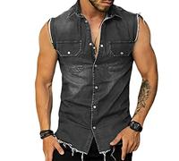 ALAIYO T-Shirts Musclés Homme Slim Fit Revers Chemise Jean sans Manches Homme Décoration Poche Gilet Jean Homme Boutonnage Cowboy sans Manches T-Shirt Homme B-Black S
