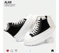 Alan Vincent [Retours et échanges gratuits][Série de chaussures en canevas décontractées] Nouvelles chaussures montantes à lacets en canevas noire pour femmes, chaussures décontractées à semelle épais