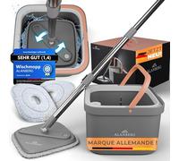 ALANBERG® Ensemble de Serpillère avec Seau - Système à 2 Chambres pour Séparation de l'eau Sale & Propre - Auto-essorage, Tampons Microfibre - Balai pour Tous Types de Sols, Gris