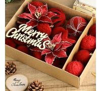 Alanmoship Lot de 38 décorations de sapin de Noël avec fleurs et boules floquées, élégantes boules de décoration en plastique pour fête de Noël, maison, portes, fenêtres, murs et vacances (vin rouge)