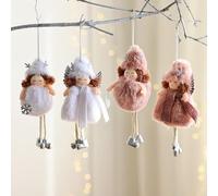 Alanmoship Lot de 4 anges de Noël à suspendre en plastique et tissu avec chapeaux à poils longs et ailes délicates pour sapin de fête, fenêtre, porte ou maison - 17,8 cm