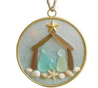 Alanmoship Nativité de Noël en verre de mer côtière fabriquée à la main, avec coquillages, étoile de mer, plage, décoration de vacances, bleu, 8 cm (B)