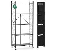 ALANNG Étagère Pliante 150kg - 5 Niveaux Étagère Métallique avec roulettes Noir - Montage sans Outil - Étagère Pliable Mobile pour Cuisine Bureau Cave -148x62x29.5cm