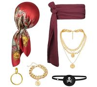 Alaoo 5 Pièces Ensemble d'Accessoires de Costume de Pirate, Bandana de Pirate, Ceinture, Collier, Bague, Cache-Œil, Accessoires de Costume de Pirates Pour Costume de Carnaval d'Halloween