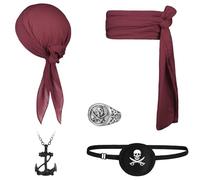 Alaoo 5 Pièces Ensemble d'Accessoires de Costume de Pirate, Bandana de Pirate, Ceinture, Collier, Bague, Cache-Œil, Accessoires de Costume de Pirates Pour Costume de Carnaval d'Halloween