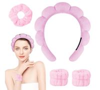 Alaoo Bandeau Spa pour Femme,4 Pièces Set Lavage de Visage Bandeaux pour Femmes,Serre-Tête Bracelet Lavage Visagee Set Pour Maquillage Facial SPA Douche,Bandes de Poignet Faciales en Flanelle,Rose