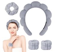 Alaoo Bandeau Spa pour Femme,4 Pièces Set Lavage de Visage Bandeaux pour Femmes,Serre-Tête Bracelet Lavage Visagee Set Pour Maquillage Facial SPA Douche,Bandes de Poignet Faciales en Flanelle,Gris