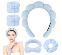 Alaoo Bandeau Spa pour Femme,5 Pièces Set Lavage de Visage Bandeaux pour Femmes,Serre-Tête Bracelet Lavage Visagee Set Pour Maquillage Facial SPA Douche,Bandes de Poignet Faciales en Flanelle,Bleu