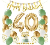 Alaoo Decoration Anniversaire 40 Ans Set, Ballons Anniversaire Rétro Vert Or, Banderole Joyeux Anniversaire pour Deco Anniversaire,Mariage, Baby Shower Decoration